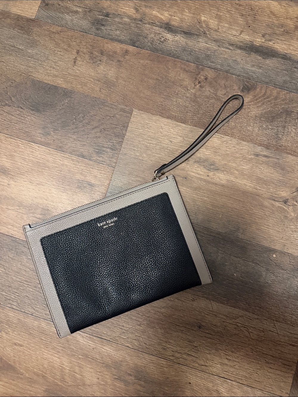 kate spade Black and Taupe Leather Wristlet Pouch